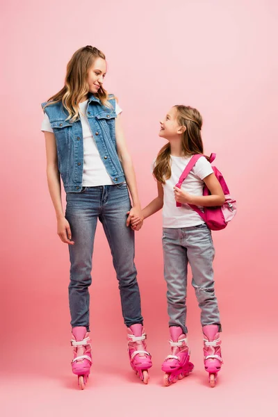 Young Woman Daughter Denim Clothes Rollers Skates Looking Each Other — Stock Photo, Image