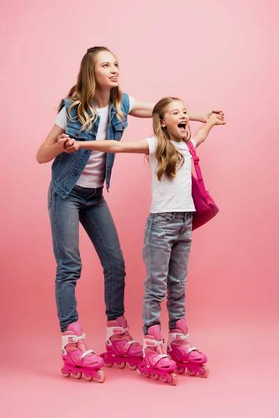 Full Length View Mother Holding Hands Excited Daughter While Standing — Stock Photo, Image