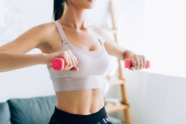 Evde pembe dambıllarla egzersiz yapan sporcu kadın manzarası. 
