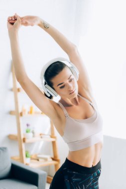 Genç sporcu kadın evde antrenman yaparken kulaklıkla müzik dinliyor. 