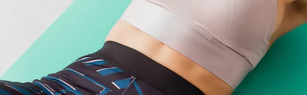 Panoramic Crop Woman Sportswear Lying Fitness Mat — Stock Photo, Image