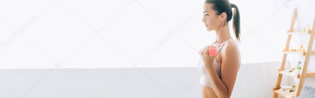 Horizontal image of sportswoman training with dumbbell in living room 