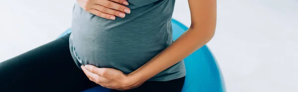 Panoramic Shot Pregnant Woman Touching Belly While Sitting Fitness Ball — Stock Photo, Image