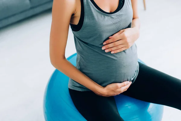 Vista Cortada Mulher Grávida Sportswear Tocando Barriga Bola Fitness Casa — Fotografia de Stock