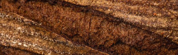 close up view of fresh baked bread crust, panoramic shot