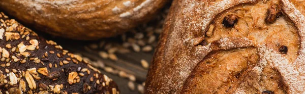 Close View Fresh Baked Bread Loaves Wood Surface Panoramic Shot — Stok Foto