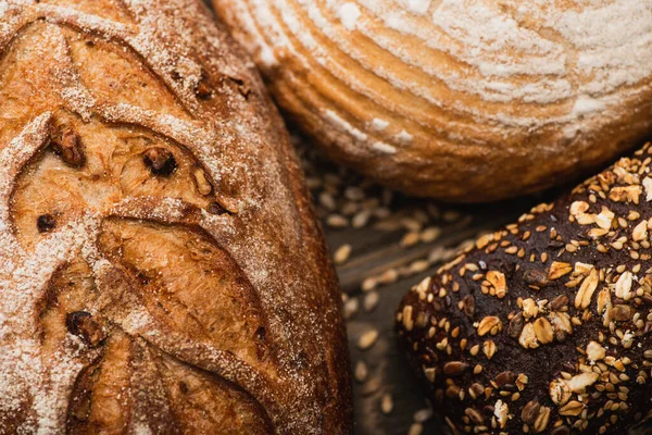 Close View Fresh Baked Bread Loaves Wood Surface — Stok Foto