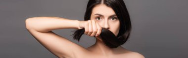 naked brunette woman holding hair near face isolated on black, panoramic shot clipart