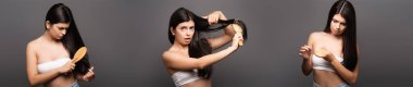 collage of worried and shocked brunette woman brushing hair isolated on black, panoramic shot clipart