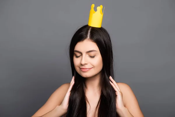 Naked Brunette Long Haired Woman Crown Isolated Black — Stock Photo, Image