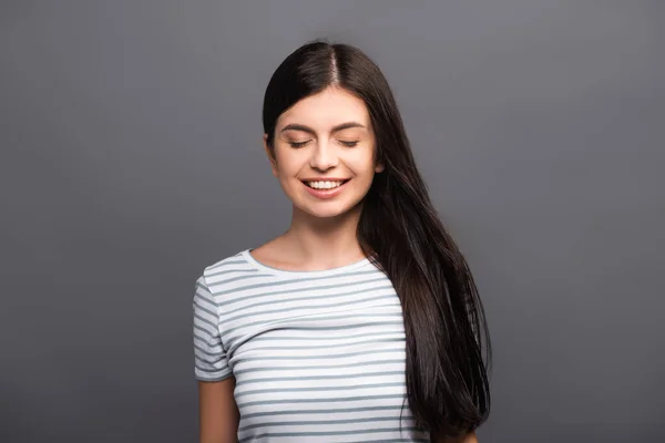 Brunette Long Haired Woman Closed Eyes Smiling Isolated Black — Stock Photo, Image