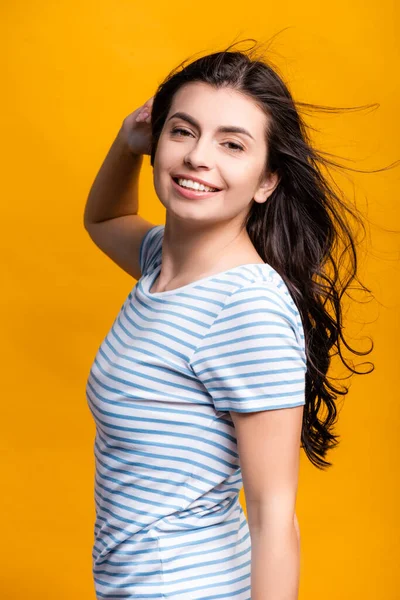 Viento Soplando Través Pelo Morena Mujer Con Rizos Aislados Amarillo — Foto de Stock