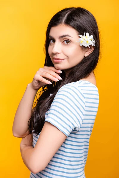 Brünette Junge Frau Mit Blumen Haar Isoliert Auf Gelb — Stockfoto