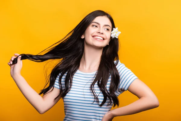 Brunette Jeune Femme Avec Des Fleurs Dans Les Cheveux Souriant — Photo