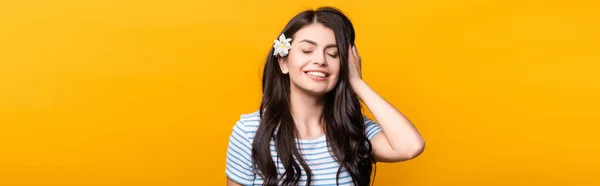 Brunette Young Woman Flowers Hair Closed Eyes Smiling Isolated Yellow — Stock Photo, Image