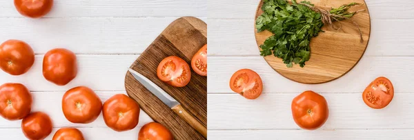 白い木のテーブルにナイフでまな板にパセリとトマトのコラージュパノラマショット — ストック写真
