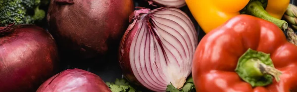 Vista Cerca Verduras Frescas Maduras Colores Plano Panorámico — Foto de Stock