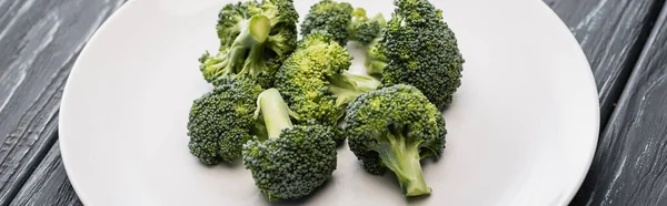 Fresh Green Broccoli White Plate Wooden Surface Panoramic Shot — Stock Photo, Image