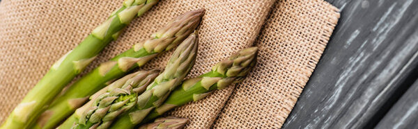 close up view of fresh green asparagus on burlap on wooden surface, panoramic shot