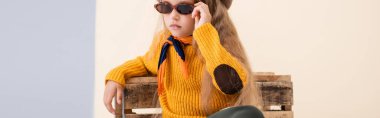 fashionable blonde girl in autumn outfit and sunglasses posing near wooden box on beige and white background, panoramic shot clipart