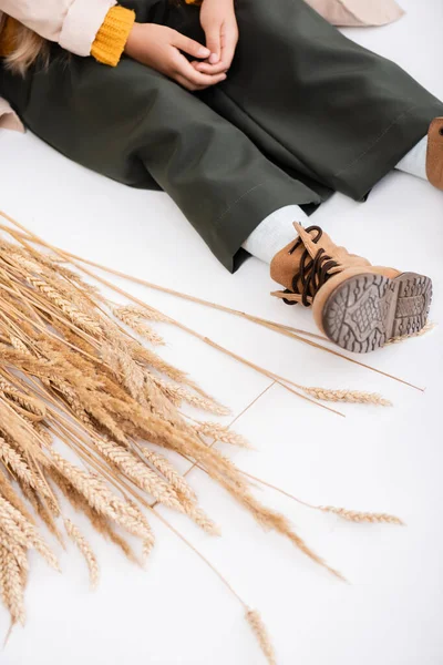 Обрізаний Вид Модної Блондинки Осінньому Вбранні Сидить Підлозі Біля Пшеничних — стокове фото