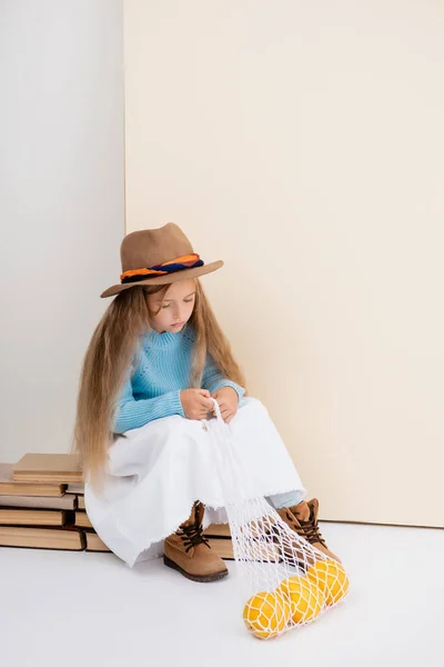 Fashionable Blonde Girl Brown Hat Boots White Skirt Blue Sweater — Stock Photo, Image