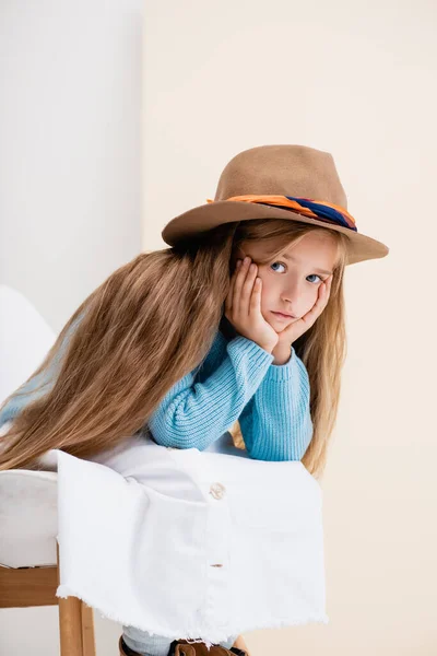 Sad Fashionable Blonde Girl Brown Hat White Skirt Blue Sweater — Stock Photo, Image