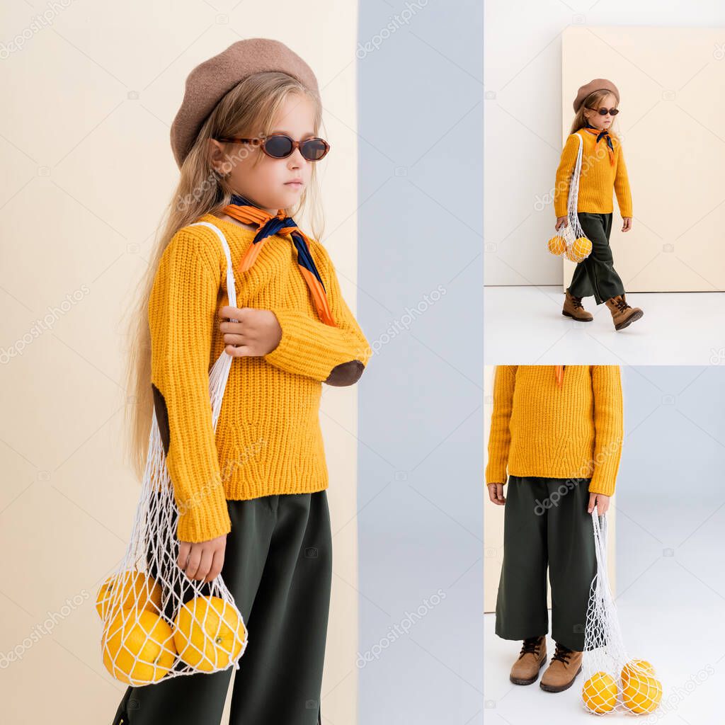 collage of fashionable blonde girl in autumn outfit and sunglasses posing with grapefruits in string bag on beige and white background