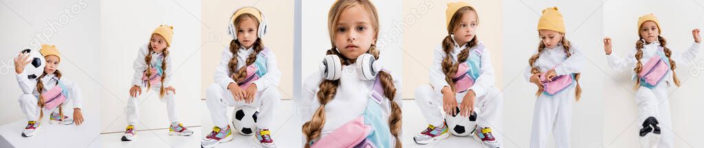 collage of blonde girl in sportswear and headphones posing with soccer ball on beige and white background, panoramic shot