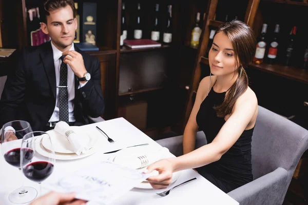 Selective Focus Young Woman Taking Menu Waitress Boyfriend Restaurant — Stock Photo, Image