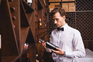 Restoranda şarap şişelerini tutan şarap garsonunun seçici odağı. 