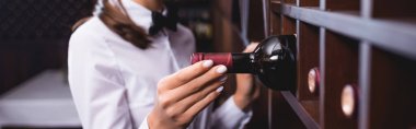 Sommelier 'in yatay mahsulü ahşap raftan bir şişe şarap alıyor. 