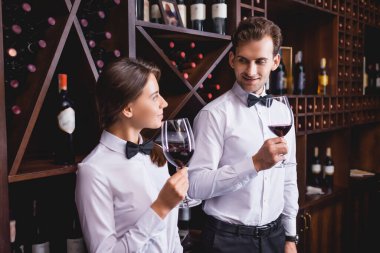 Selective focus of sommelier holding glass of wine and looking at colleague in restaurant  clipart