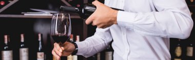Horizontal image of sommelier pouring wine in glass  clipart
