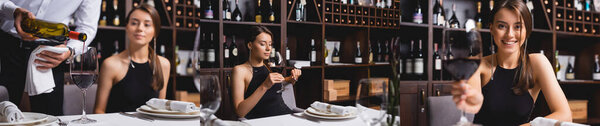 Collage of sommelier pouring wine near elegant woman in restaurant 