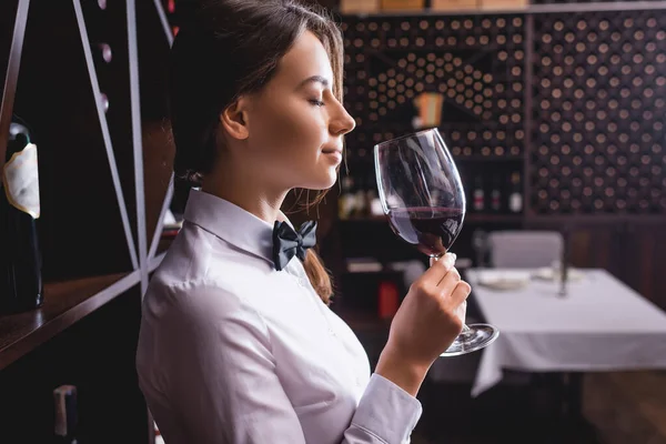 Side View Young Sommelier Smelling Wine Glass Closed Eyes — Stock Photo, Image