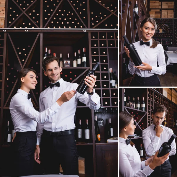 Κολάζ Των Sommeliers Κρατώντας Μπουκάλι Κρασί Κοντά Ράφια Στο Εστιατόριο — Φωτογραφία Αρχείου