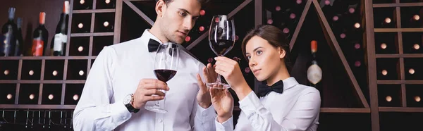 Panoramic Shot Sommelier Looking Glass Wine Colleague Restaurant — Stock Photo, Image