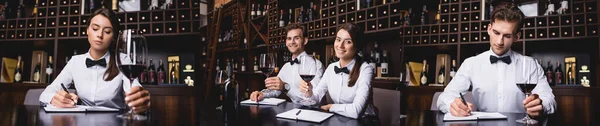 Collage Young Sommeliers Writing Notebooks Degustation Wine — Stock Photo, Image