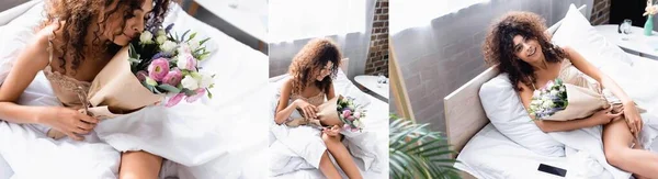 Collage Joyful Woman Holding Bouquet Flowers Bedroom — Stock Photo, Image