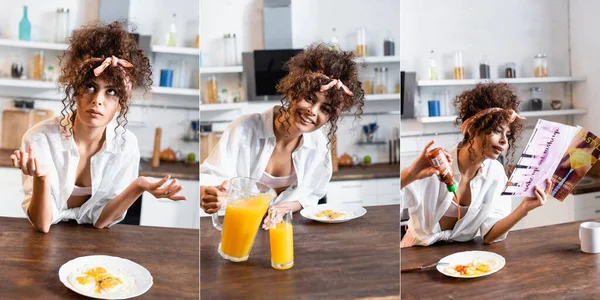 Collage Curly Woman Pouring Ketchup Fried Eggs Reading Magazine Holding — Stock Photo, Image