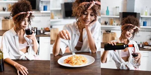 餐叉靠近餐盘时拿着叉子的妇女的拼贴 用备好的意大利面和红葡萄酒的味道 — 图库照片