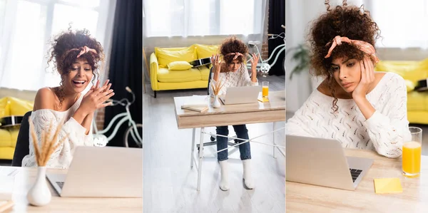 Колаж Кучерявої Жінки Використовує Ноутбук Сміється Жестикулює Вдома — стокове фото