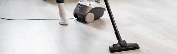 Panoramic Crop Woman Using Vacuum Cleaner While Cleaning Home — Stock Photo, Image