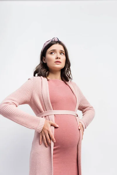 Worried Pregnant Woman Headband Touching Belly Looking Away Isolated White — Stock Photo, Image