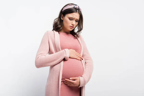 Mulher Grávida Preocupado Cabeça Tocando Olhando Para Barriga Branco — Fotografia de Stock