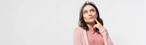 Imagem Horizontal Mulher Pensativa Cabeça Tocando Rosto Olhando Para Cima — Fotografia de Stock