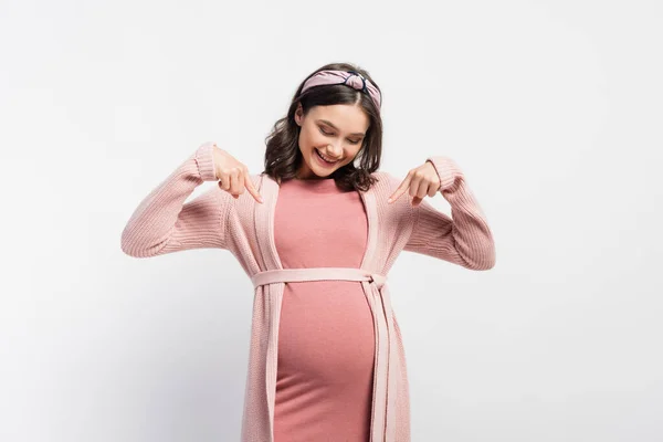 Joyful Pregnant Woman Pointing Fingers Belly White — Stock Photo, Image