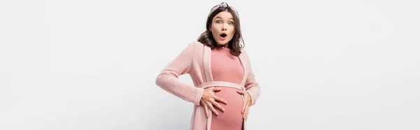 Panoramic Shot Shocked Pregnant Woman Looking Camera While Touching Belly — Stock Photo, Image