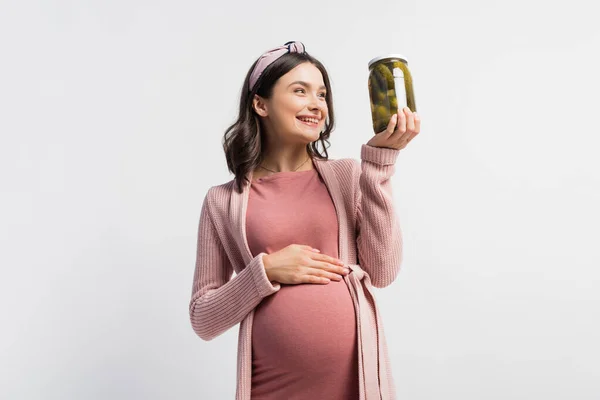 Joyful Pregnant Woman Headband Looking Jar Pickled Cucumbers Isolated White — Stock Photo, Image